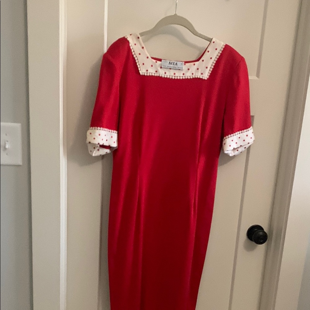 MIA Red Sheath Dress with Square Neck and Cuffed Sleeves